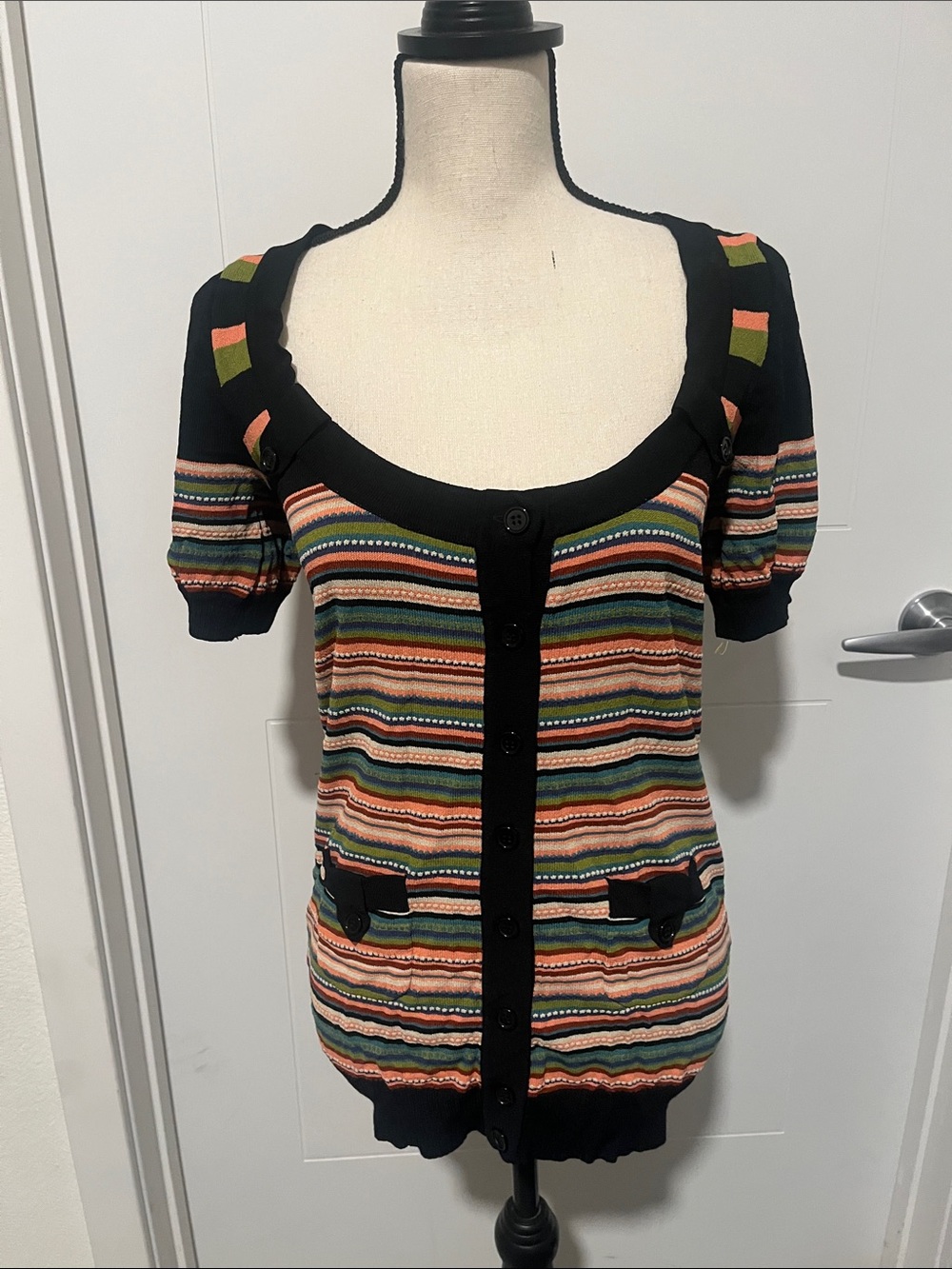 Y2K Nanette Lepore Striped Button Short Sleeve Pockets Top 2000’s Academia